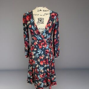 NWT Anthropologie Floral Wrap Dress Long‎ Sleeve Midi Casual Blue Size 2